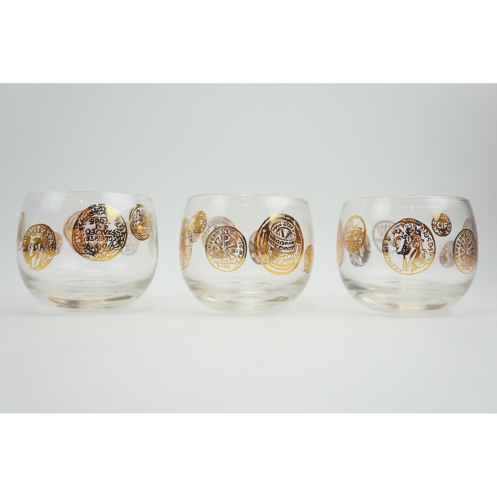 Vintage Federal Glass Roma Coin Gold Lowball Roly Poly Glasses Set of 3 EUC
